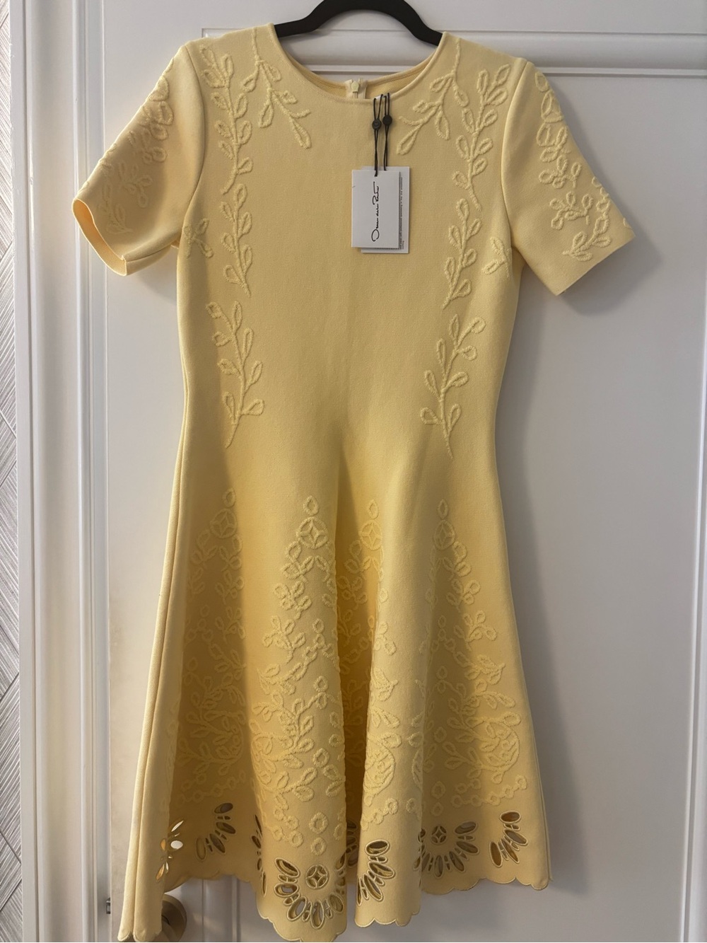 Oscar de la Renta Soft Yellow Embroidered Fit-and-Flare Mini Dress
